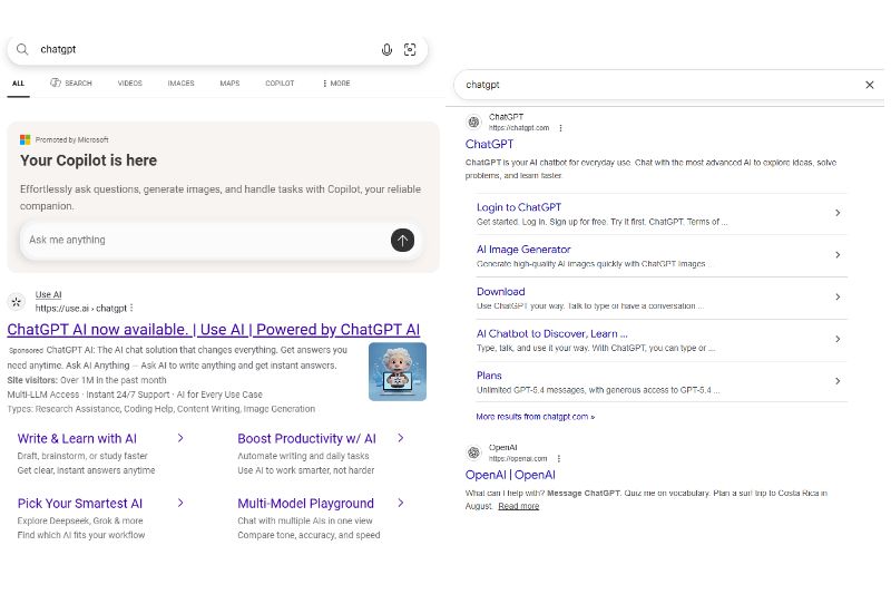 Side by side search results for the query chatgpt: one interface leads with Copilot and promoted AI tools, the other with standard links to the official ChatGPT site.