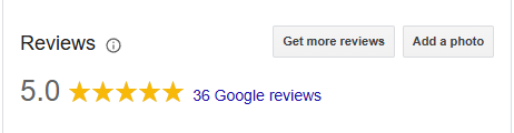 Google Business Profile reviews panel showing a 5.0 star rating from 36 Google reviews.