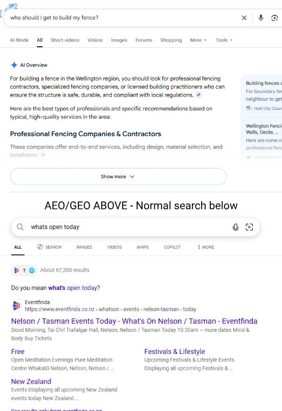 Side by side: Google results with a prominent AI Overview compared with traditional blue-link style results in another search engine.