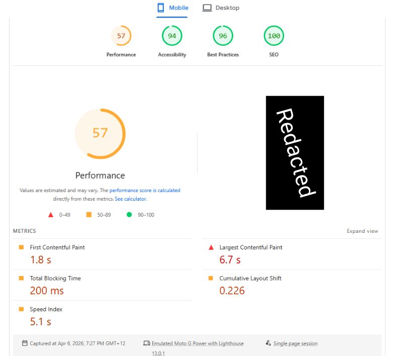 PageSpeed Insights mobile report showing Performance 60 in orange while Accessibility, Best Practices, and SEO scores stay high in green.