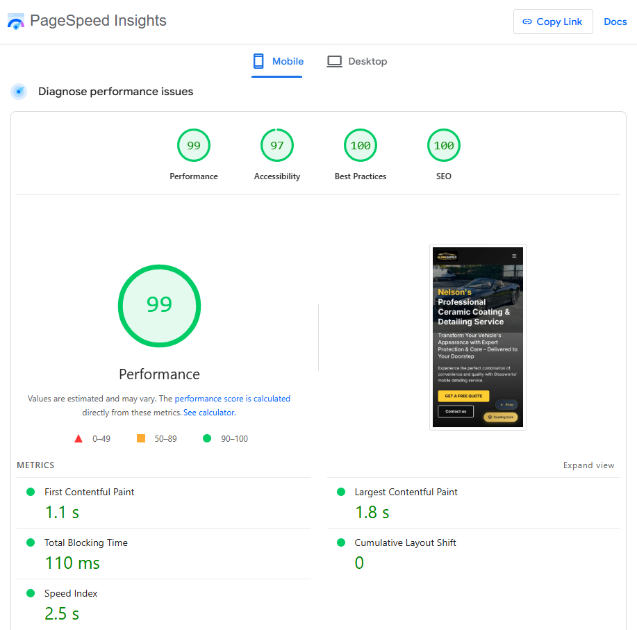 Full PageSpeed Insights mobile report with high scores and green performance metrics for a real business site.