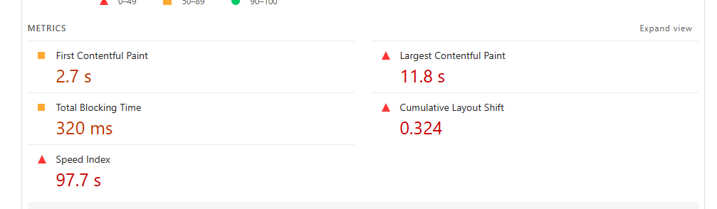 PageSpeed metrics with red and amber warnings: slow LCP, high Speed Index, poor CLS, and elevated blocking time.