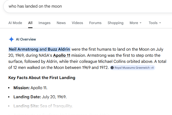 Google search results with an AI Overview answering the query directly, with sources and structured facts before any website links.