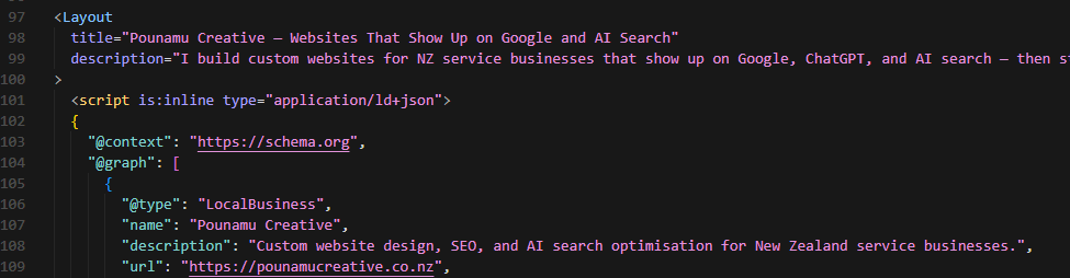 Example of structured content or schema-style markup used to help search engines understand a page.