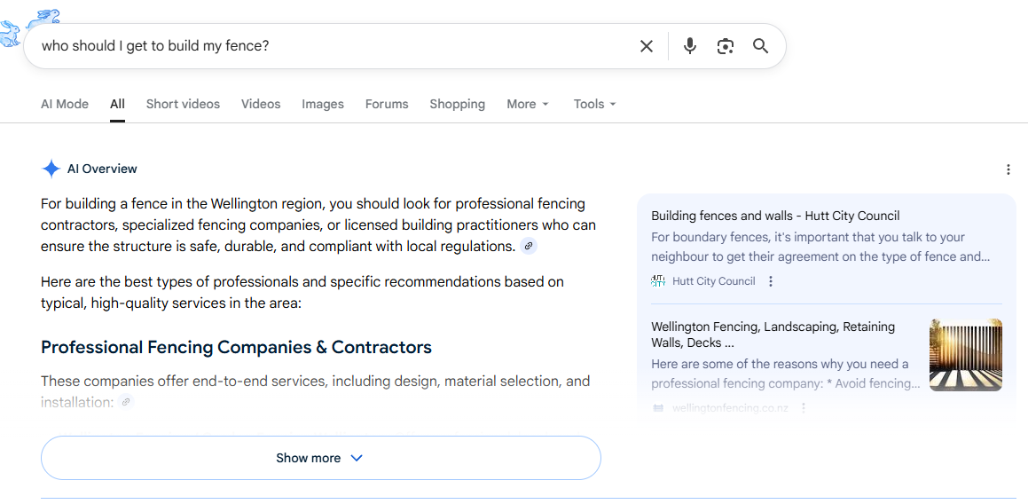 Google search results page with an AI-generated overview and related questions above traditional website links.
