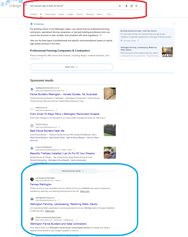 Long Google results page showing an AI Overview at the top, then sponsored ads, then traditional organic listings below.