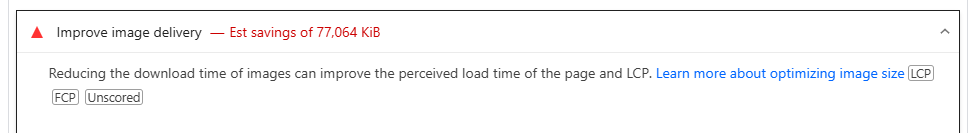 PageSpeed Insights warning: improve image delivery, showing very large estimated download savings.