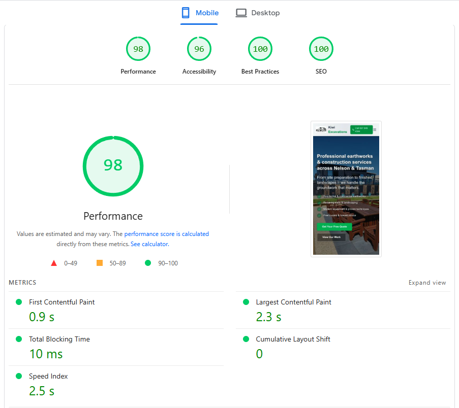 Google PageSpeed Insights results for a Pounamu Creative client site showing scores in the high 90s across performance, accessibility, best practices, and SEO.