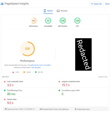 PageSpeed Insights mobile report for a real site: Performance 60, Accessibility 94, Best Practices 100, SEO 100, with Largest Contentful Paint at 15.7 seconds and Speed Index at 9.2 seconds.