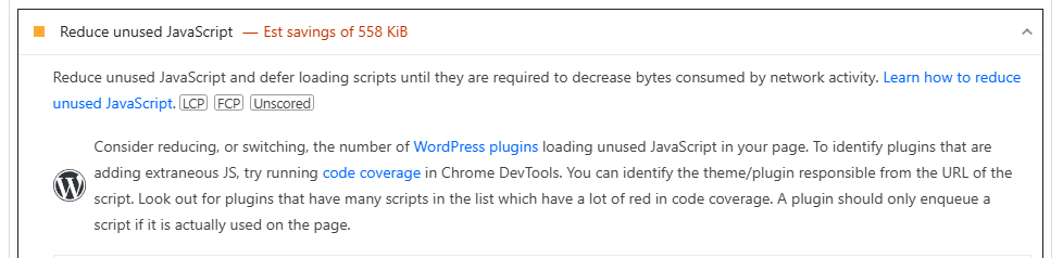 PageSpeed Insights recommendation to reduce unused JavaScript, including WordPress plugin guidance.